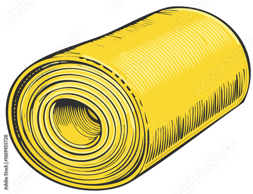 Yellow rolled material with hatched texture in a cylinder shape, artistic representation