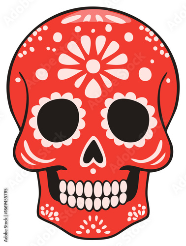 Decorative red skull, adorned with floral patterns, Day of the Dead design.