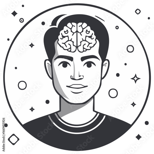 Conceptual black and white illustration of a man with an exposed brain representing intellect and psychology
