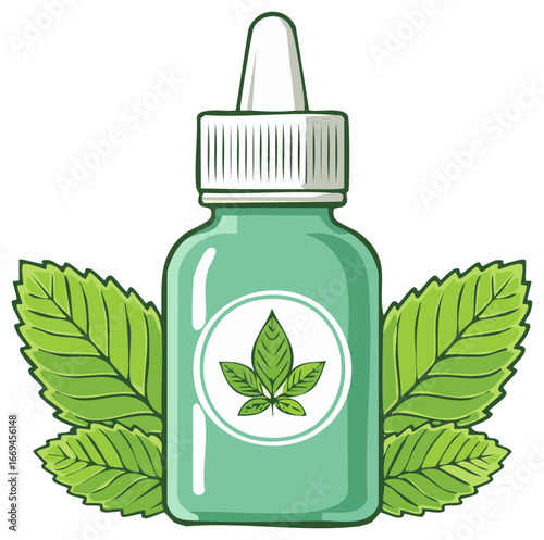 Green Glass Dropper Bottle with Mint Leaves and Cannabis Leaf Symbol