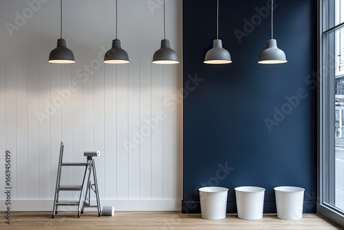 Room Renovation Prep with Ladder, Paint Cans, and Lighting Against White and Blue Walls