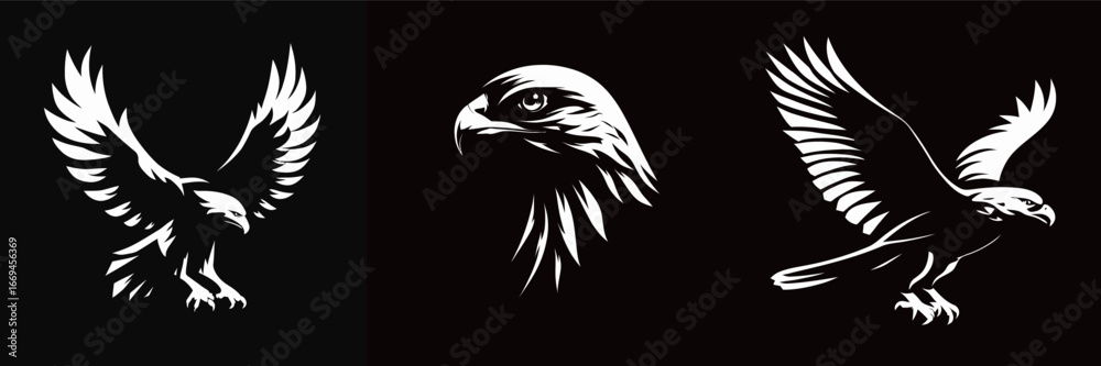 Obraz premium Three striking black and white illustrations of eagles in various poses emphasize the beauty and strength of these birds. The designs feature detailed wings and expressive faces.