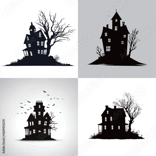 Four distinct silhouettes depict spooky houses surrounded by barren trees and flying birds. Each design highlights different eerie architectural features against light and dark backgrounds.