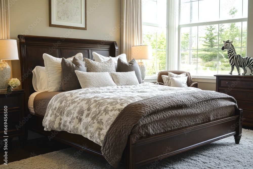 Fototapeta premium Ornate Dark Wood Bedroom Suite with Pillows, Comforter, Zebra Statue, and Large Windows