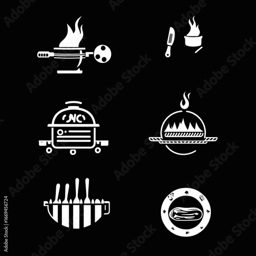 White monochrome BBQ grill icons set with flame, spatula, charcoal burner, smoker, barbecue fork, and steak plate on black background in flat minimalist vector style