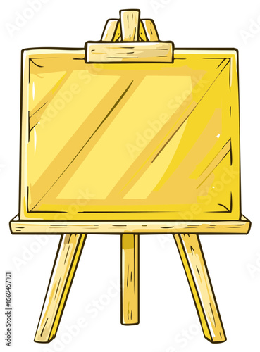 Vibrant cartoon style wooden easel holding a shiny golden blank board