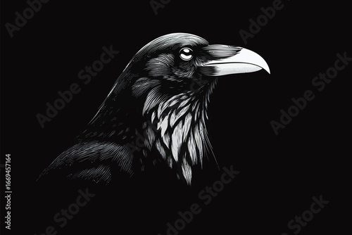 A striking raven displays its sharp features and intricate feather patterns. The dark background enhances the bird's elegance, highlighting its intelligent gaze.