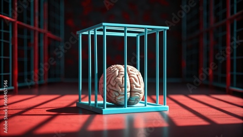 Human brain trapped inside a metal cage in a dark room symbolizing mental confinement