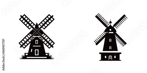 Two windmills are displayed in contrasting designs, each featuring unique shapes and styles. One offers a classic structure, while the other presents a more modern interpretation.