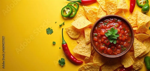 Wallpaper Mural Crunchy tortilla chips served with fresh, flavorful salsa, vibrant peppers on bright yellow backdrop. Appetizing spread includes ingredients like tomatoes, onions, cilantro, chili peppers, perfect Torontodigital.ca