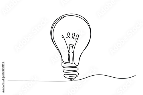 Minimalist single line drawing of a classic incandescent light bulb symbolizing ideas innovation and creativity on a white background