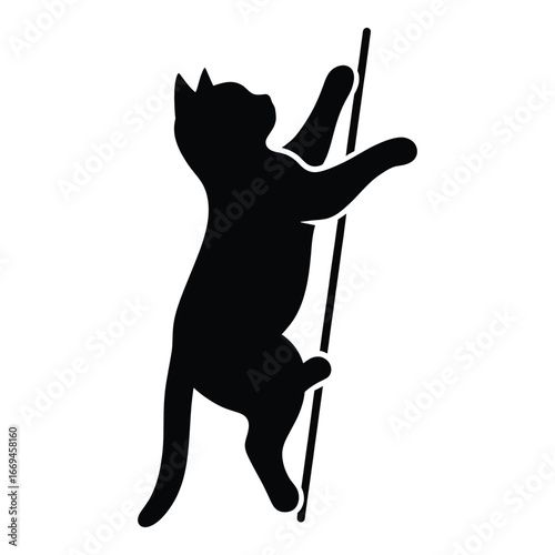 Black cat silhouette climbing a thin pole on white background animal