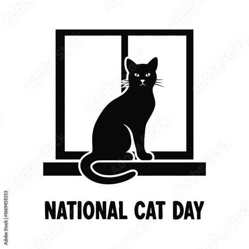 Black cat silhouette sitting on windowsill with national cat day text vector