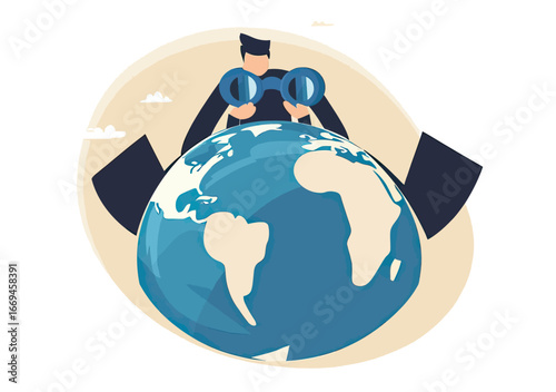 Businessman holding binoculars behind large globe earth searching global market opportunity and international investment future vision concept vector illustration