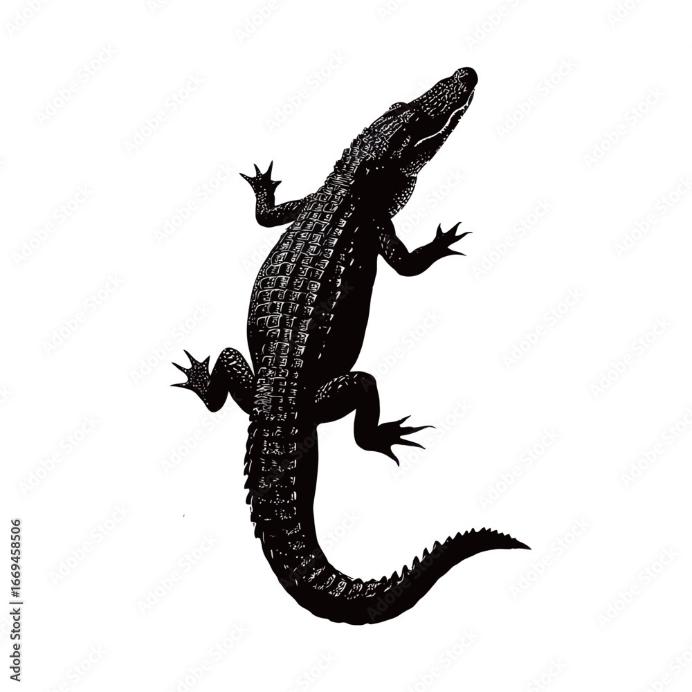 Fototapeta premium A silhouette of a crocodile is depicted climbing on a surface, showcasing intricate scales and a strong posture. The design emphasizes the creature distinctive features in a bold visual style.