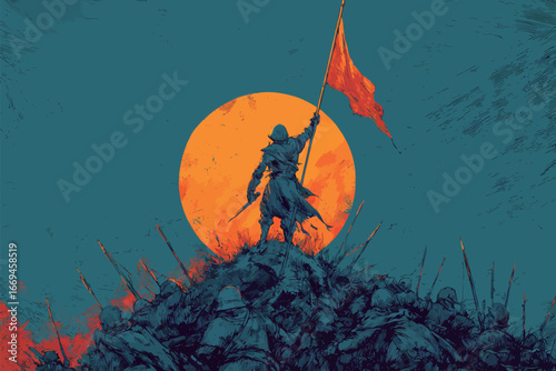 A soldier stands proudly atop a hill, lifting a flag high as a glowing sun casts an orange hue over a battalion. The scene captures determination and unity among the troops below.