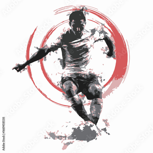 A soccer player mid-action performs a powerful kick. The vivid red circle behind emphasizes the player's movements, showcasing athleticism and energy during a game.