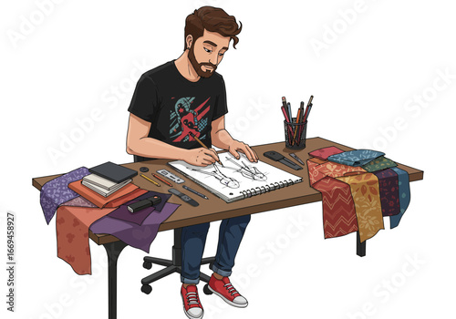Creative designer sketching new fashion ideas with fabric swatches and art supplies at desk