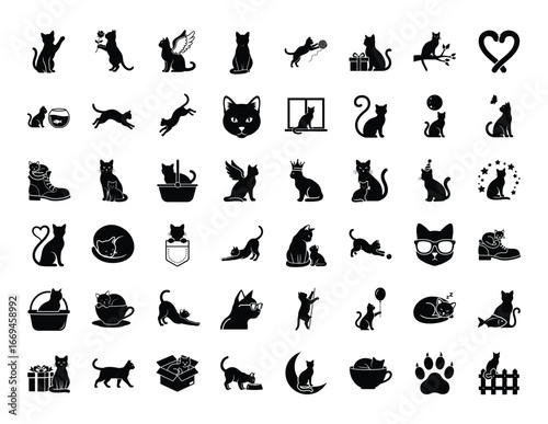 Collection of black cat silhouettes in various poses and activities animal