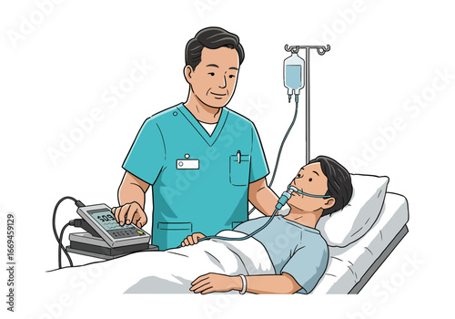 Caring nurse monitors patient with oxygen mask and IV drip, medical care and recovery visualized