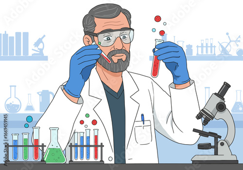 Experienced scientist meticulously examines colorful liquids in test tubes during a crucial laboratory experiment.