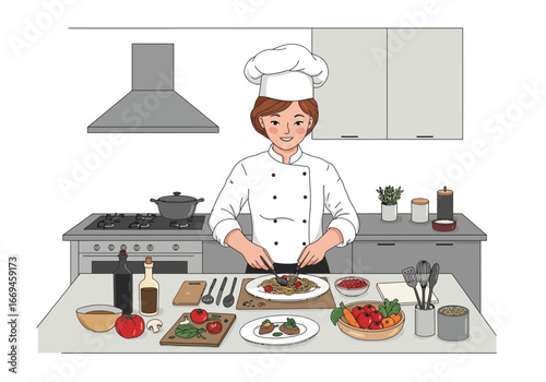Skilled chef artfully prepares delicious pasta dish in professional kitchen with fresh ingredients