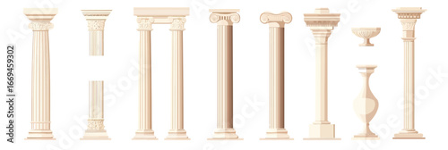 Set of classical ancient Greek and Roman style marble columns and decorative architectural elements in flat minimalist vector design isolated on white background