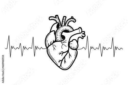 Anatomical human heart illustration with a dynamic electrocardiogram heartbeat line on a white background