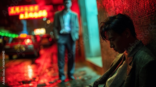 Close-up view of a modern Chinese city street at night, a young Chinese man in a wrinkled suit slumped drunk on the roadside, loosened tie, messy