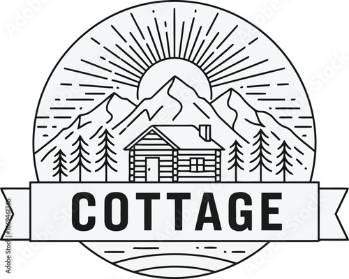 Vector art of a cottage in the mountains with trees and sun rays, a peaceful retreat