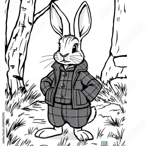Bunny in Formal Wear: This illustration presents a charming anthropomorphic bunny, decked out in a smart outfit and set against a whimsical woodland backdrop.
