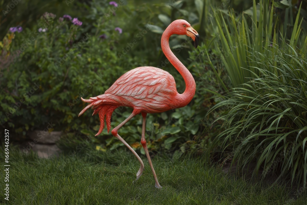 Fototapeta premium Realistic lawn flamingo standing amidst lush greenery in a vibrant garden during a sunny afternoon