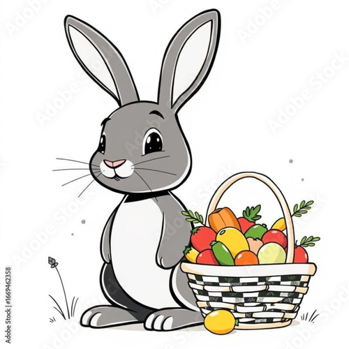Easter Bunny and Basket of Produce: Adorable illustration depicts a charming gray bunny with a basket brimming with vibrant, freshly picked produce, embodying the spirit of Easter and nature's bounty.