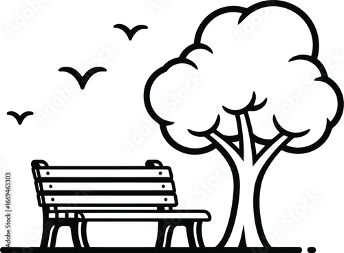 Vector art of a park bench under a tree with birds flying overhead, a peaceful scene