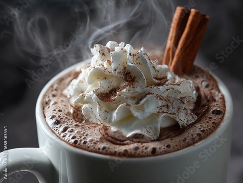 A delicious close-up of a steaming mug of rich hot chocolate topped with whipped cream and cinnamon sticks