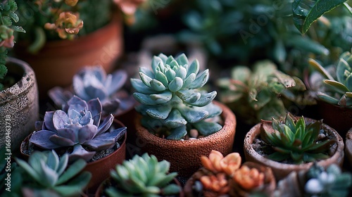 A vibrant collection of diverse succulent plants in terracotta pots, showcasing a miniature indoor garden with beautiful colors and textures