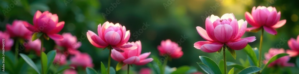 Deep pink peony blooms, lush Japanese garden backdrop, peony, garden Deep pink peony blooms, lush Japanese garden backdrop, peony, garden
