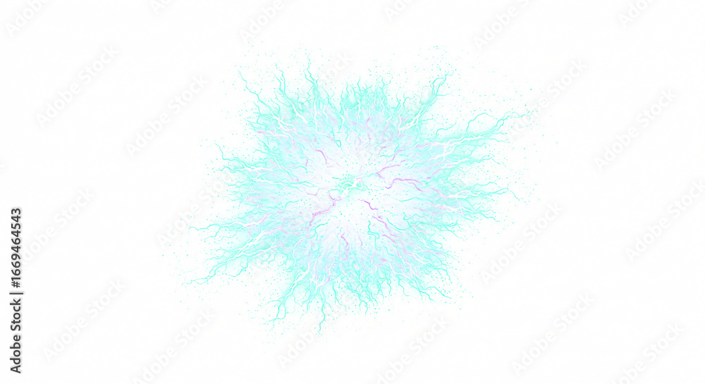 Fototapeta premium Turquoise and Pink Energy Burst with Delicate Filamentous Tendrils Radiating Outward.