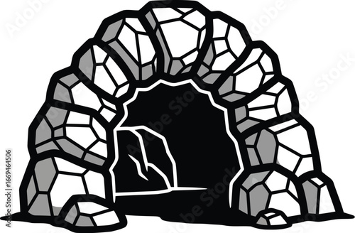 Vector art of a stone cave entrance leading into darkness, a natural rock formation