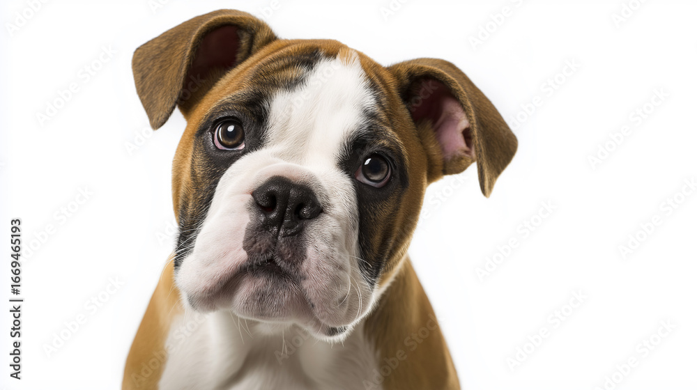 Obraz premium Close-up of a curious and innocent boxer puppy with big eyes and floppy ears, set against a white background, capturing cuteness and affection.