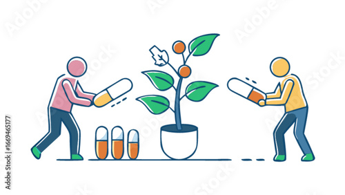 Natural medicine concept showing potential of plant-based drugs, where two people help a plant grow by supplying it with pills, depicting the idea of healing and growth with nature
