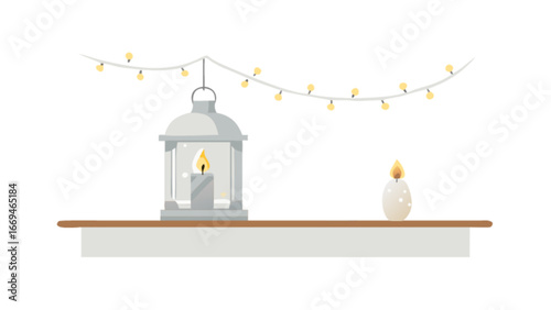 Celebrate cozy evenings with the soft glow of candlelight and twinkling string lights, adding warmth and charm to your designs with this inviting festive illustration