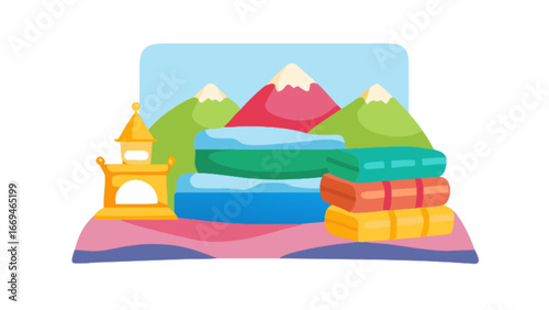Serene mountain landscape illustration with colorful rolled towels and whimsical Asian-inspired architectural element creates a sense of peaceful travel and relaxation