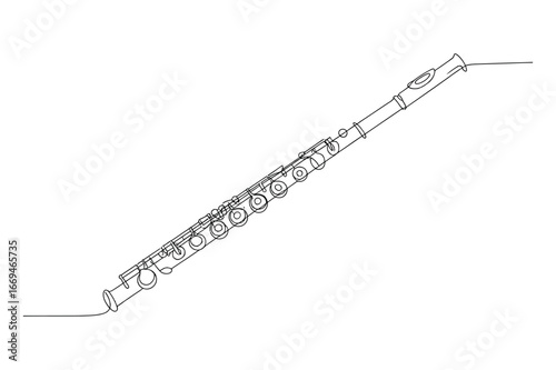 Minimalist continuous line drawing of a classical woodwind musical instrument flute isolated on a white background