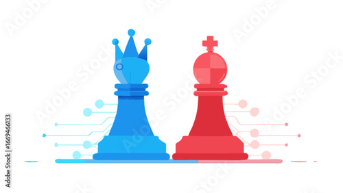 Dynamic blue and red chess pieces symbolizing competitive strategy and technological innovation in a modern business landscape, perfect for illustrating strategic partnerships and rivalries