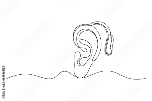 Minimalist continuous line drawing of a human ear with a hearing aid device attached to the outer ear lobe