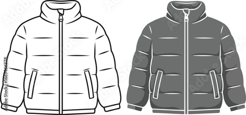 Vector art of two puffer jackets, one white and one gray, for winter fashion