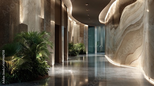 An elevator lobby for a high-end luxury building in dubai, polished concrete floors, sleek architectural lighting, lush indoor greenery and plants, travertine