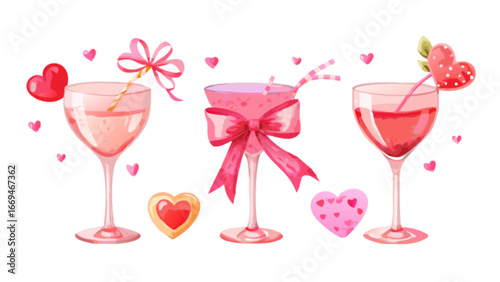 Celebrate love with charming cocktails adorned with bows and hearts, perfect for Valentine's Day, anniversaries, or romantic celebrations, conveying sweetness and affection in every sip