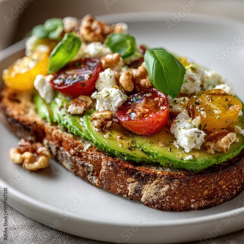 Close-up of artisanal avocado toast topped with feta cheese, cherry tomatoes, walnuts, and fresh basil on crusty sourdough bread - clean white plate, soft